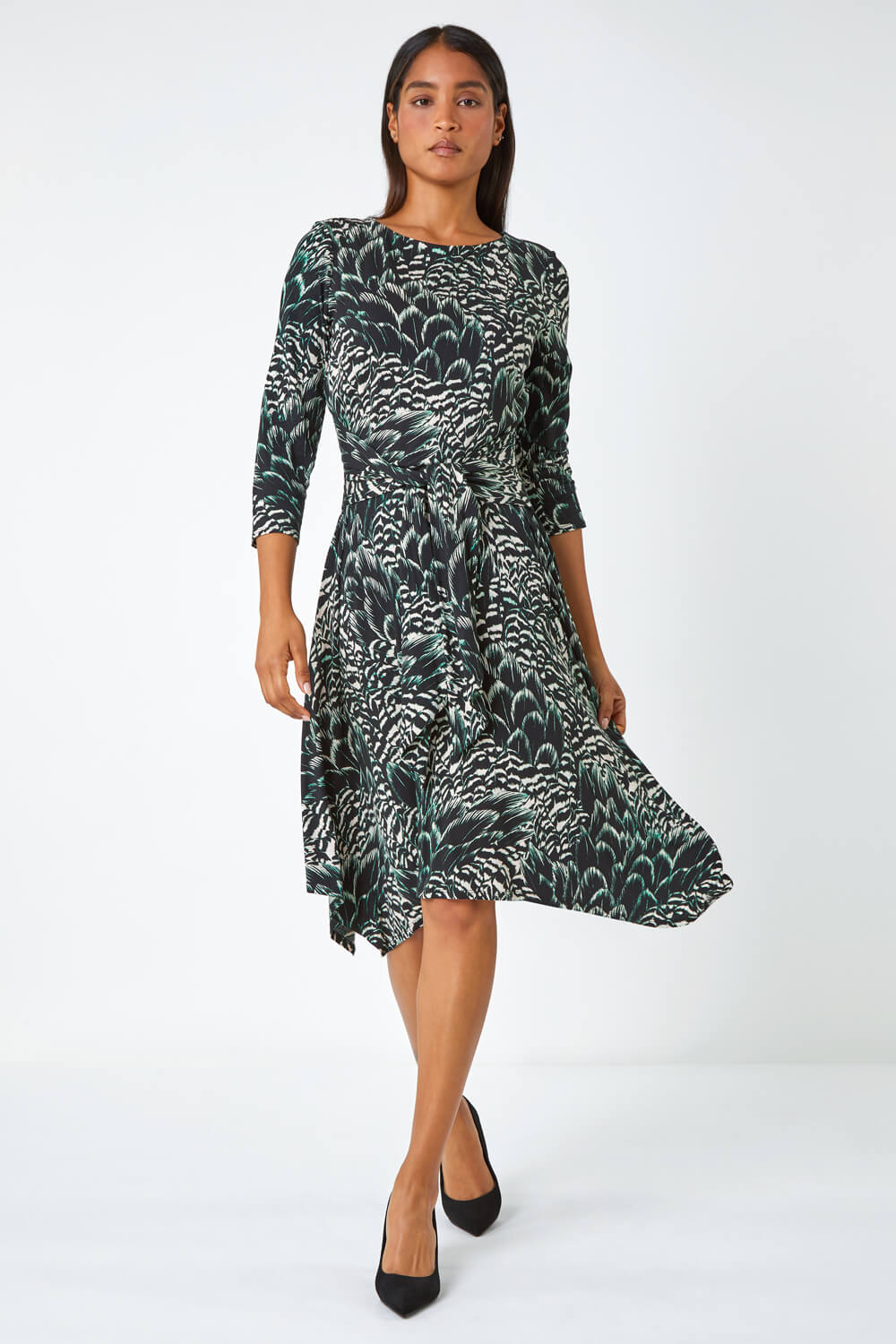 Black Abstract Print Tie Waist Stretch Dress
