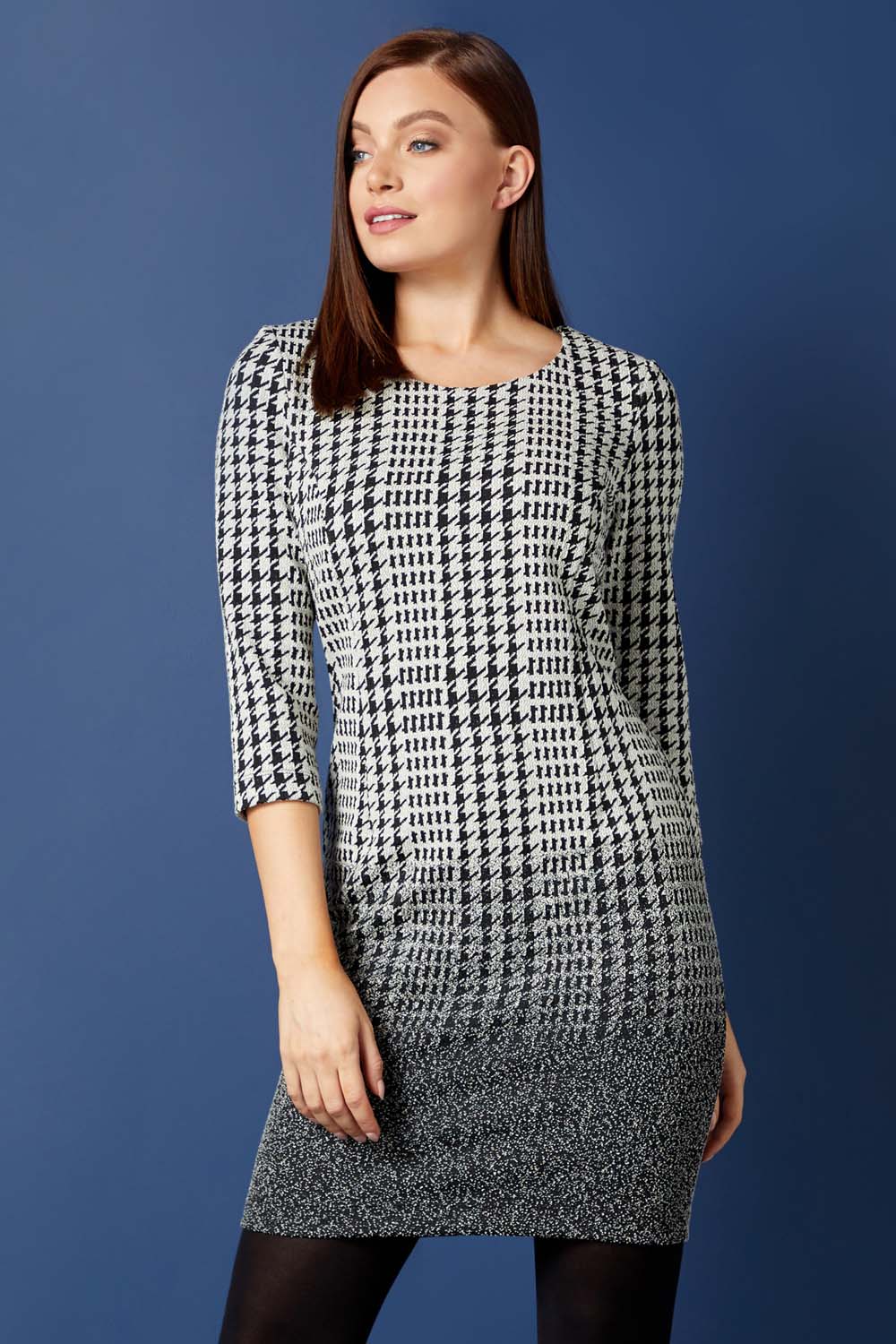 Black Dogtooth Check Ombre Textured Shift Dress