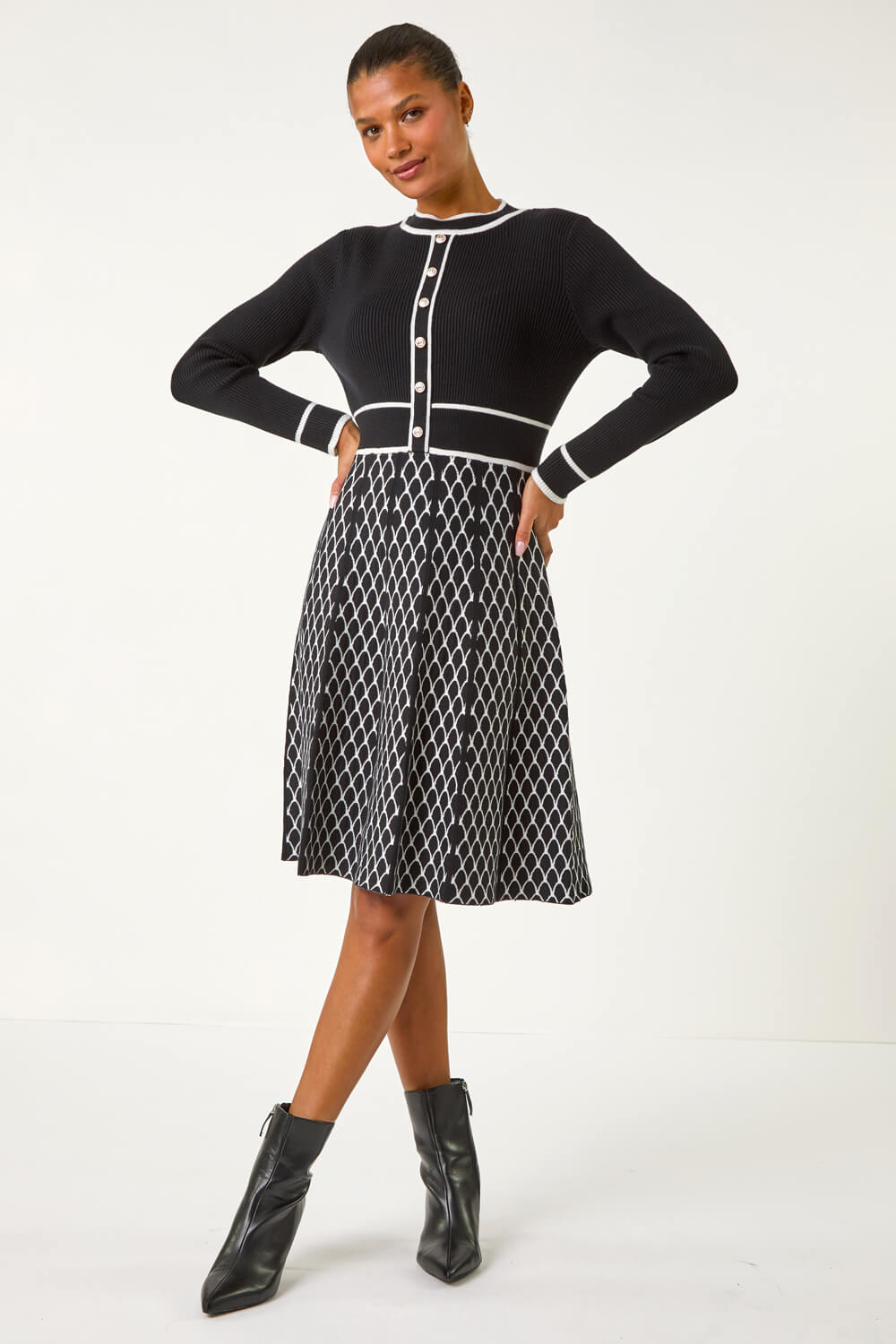 Black Button Detail Knitted Midi Dress