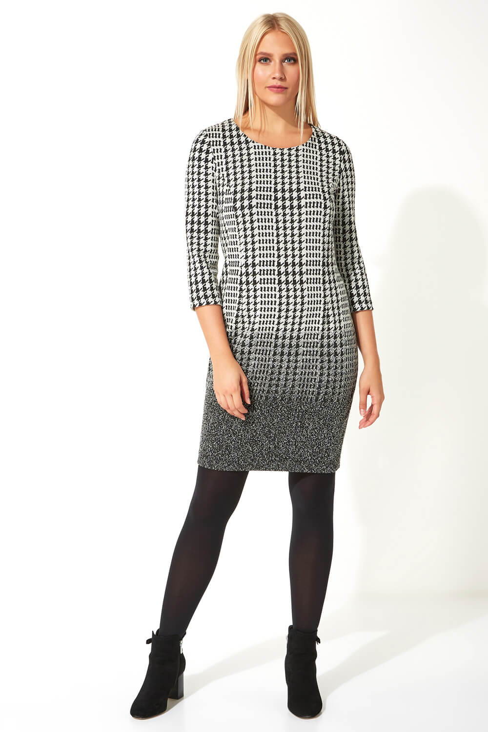 Black Dogtooth Check Ombre Textured Shift Dress