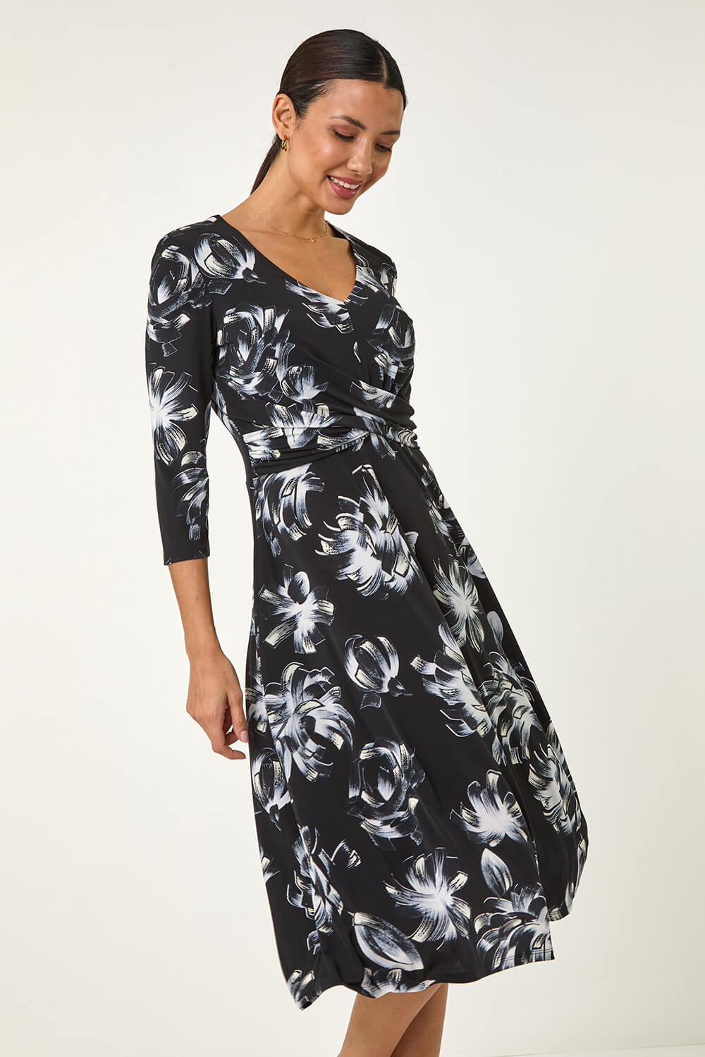 Black Floral Print Wrap Front Stretch Dress
