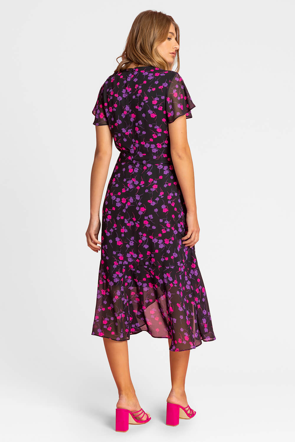 Black Floral Frill Detail Wrap Dress