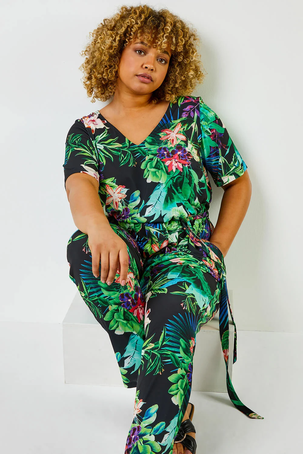 Black Curve Tropical Print Jumpsuit
