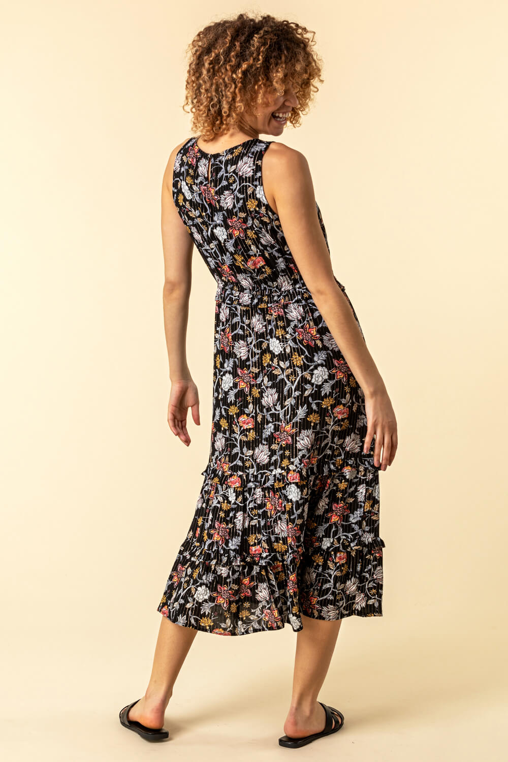 Black Floral Tie Neck Tiered Dress