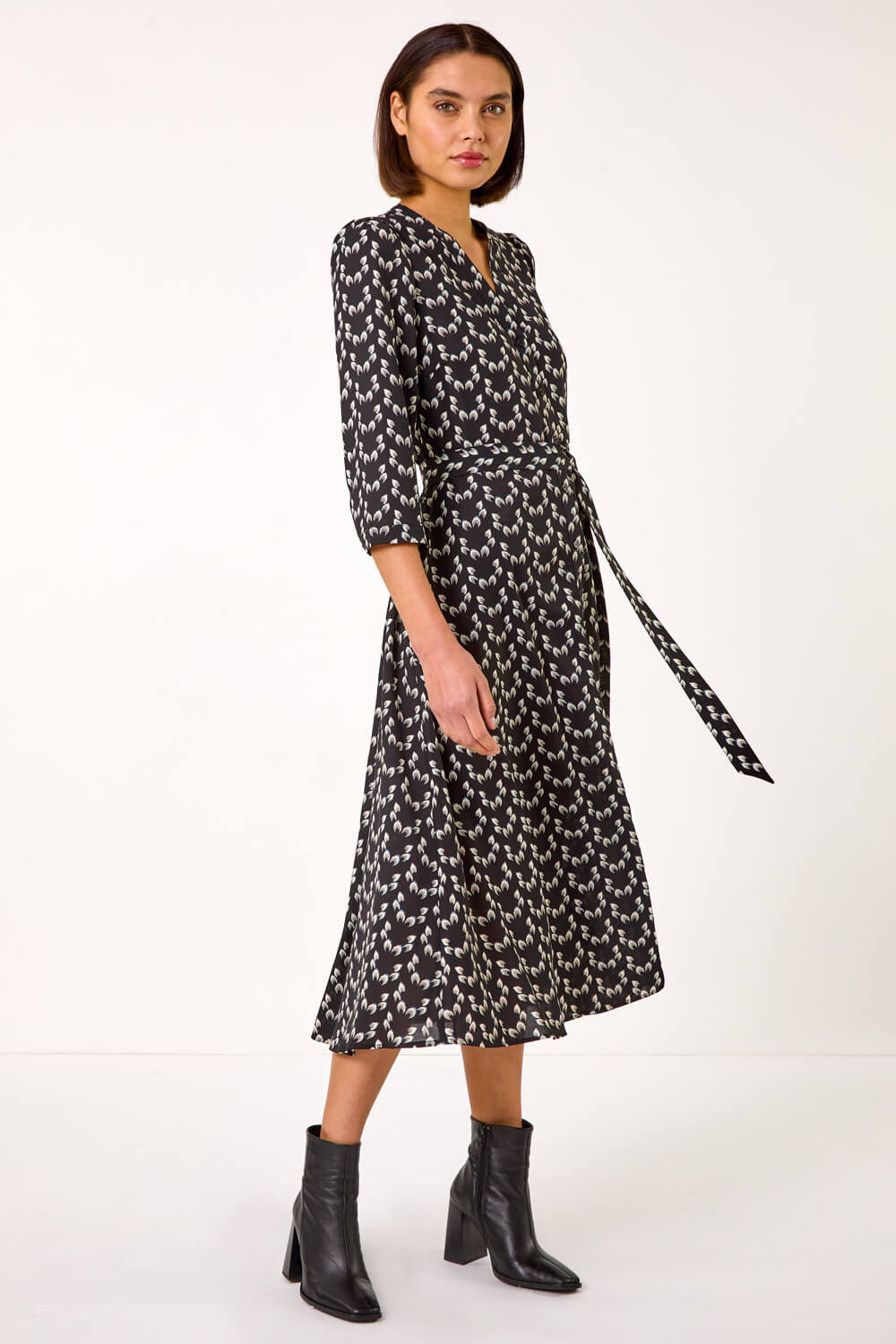 Black Leaf Print Midi Shirt Dress