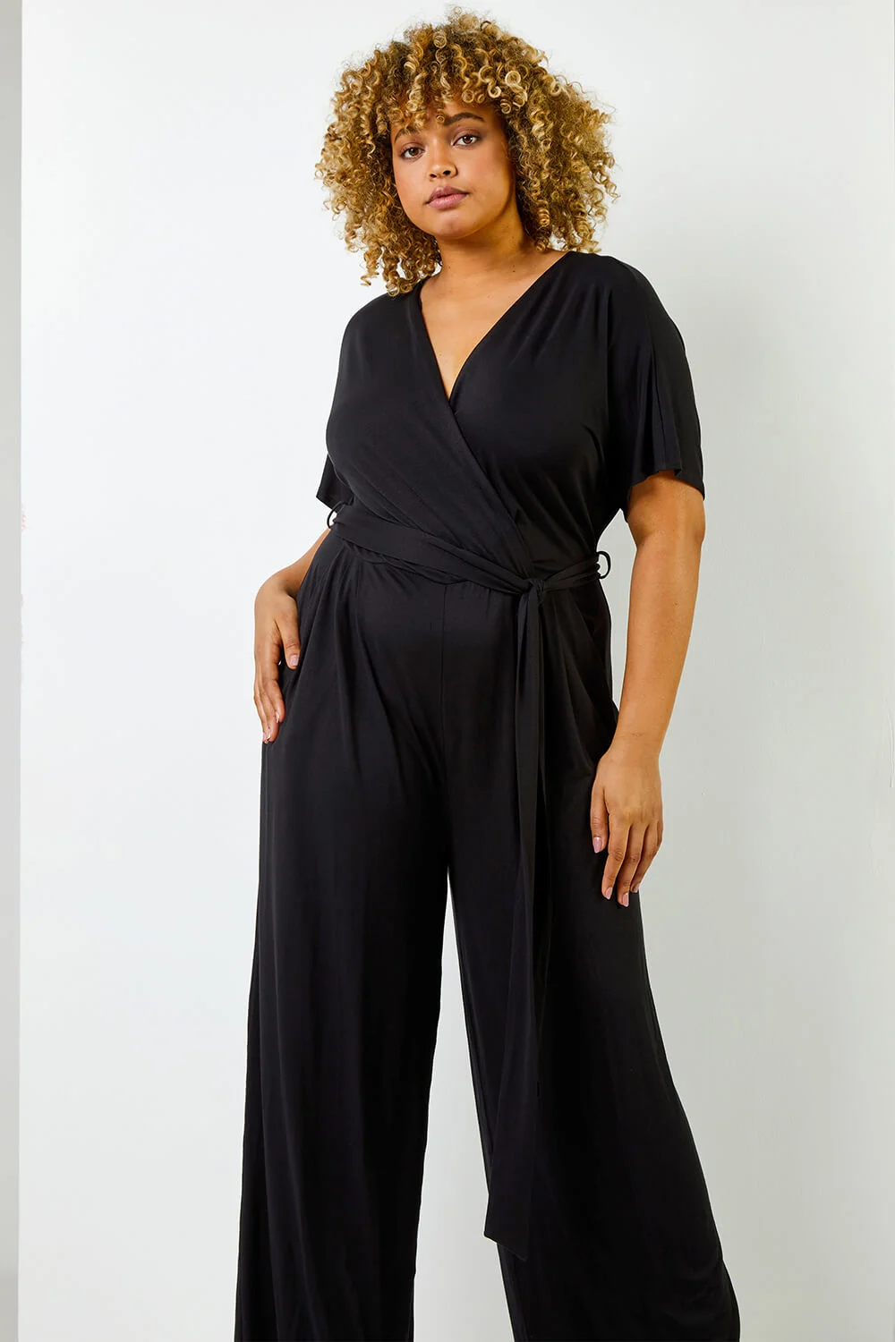 Black Curve Wrap Detail Jumpsuit