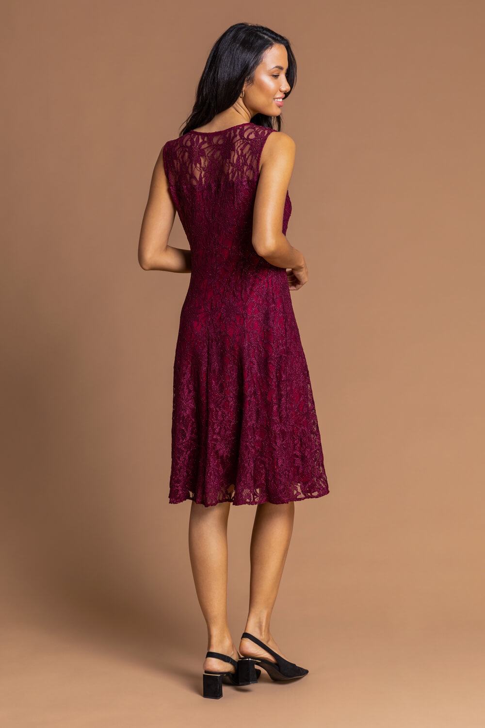 Wine Glitter Lace Fit and Flare Dress