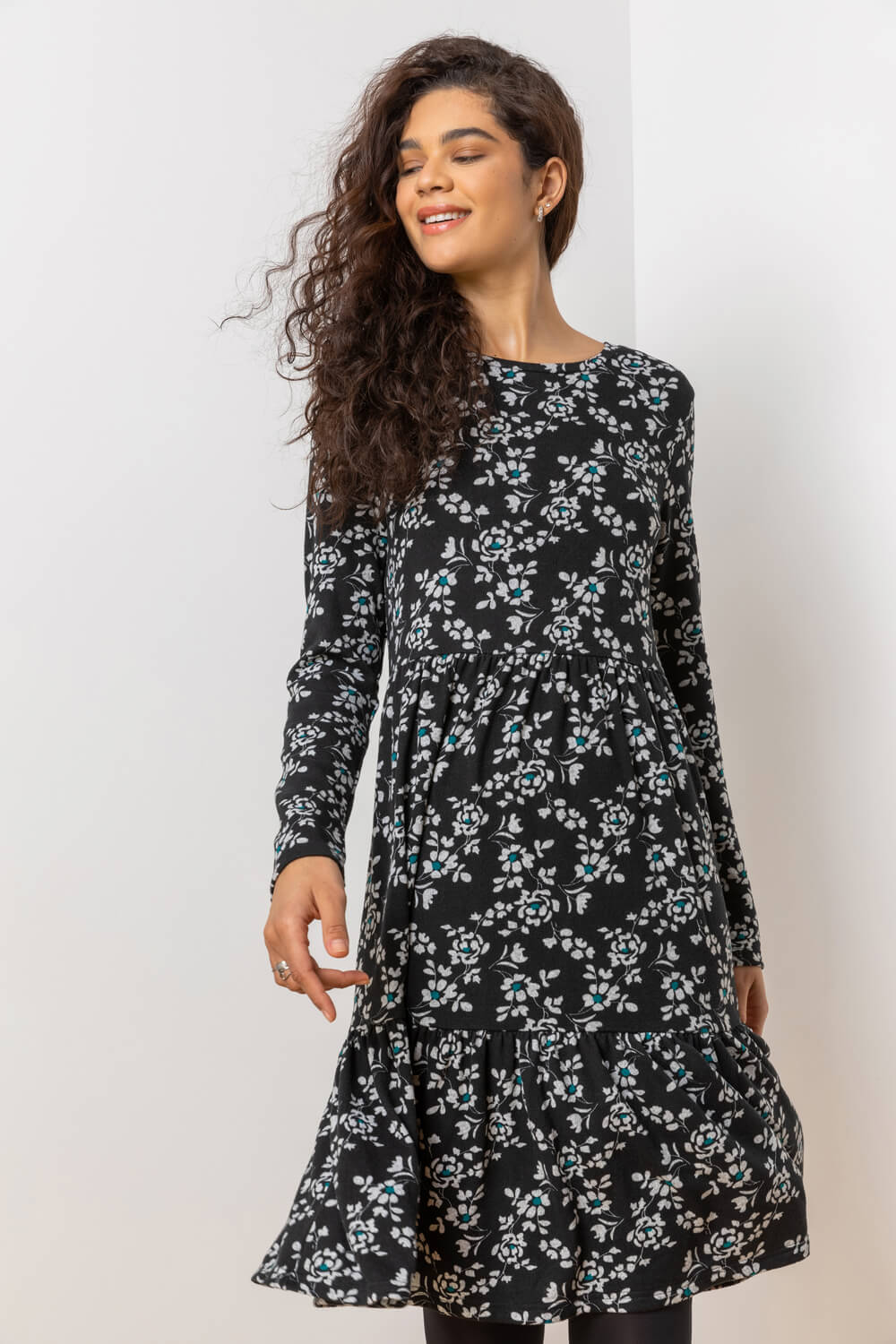 Black Floral Print Tiered Dress
