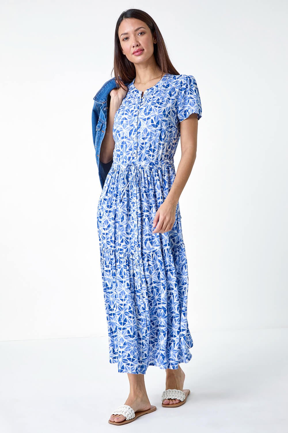 Blue Geo Print Button Through Midi Dress