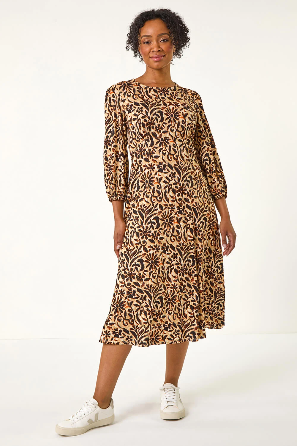 Black Petite Floral Stretch Midi Dress