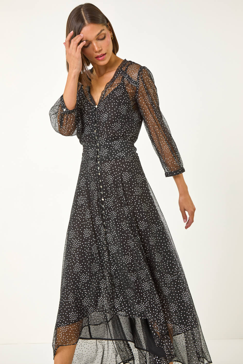 Black Foil Print High Low Maxi Dress