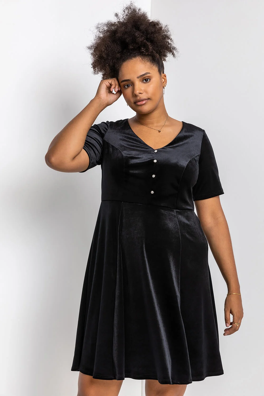 Black Curve Diamante Button Velvet Dress