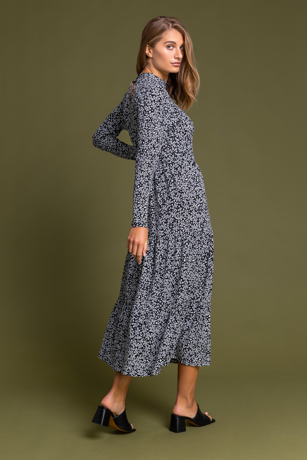 Black Animal Ditsy Print Tiered Dress