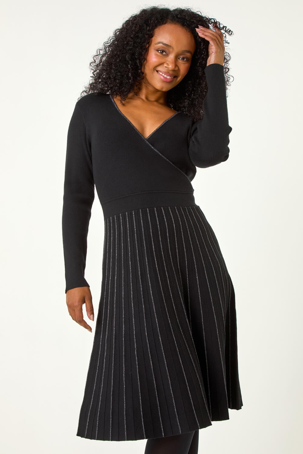 Black Petite Metallic Pleat Knitted Dress