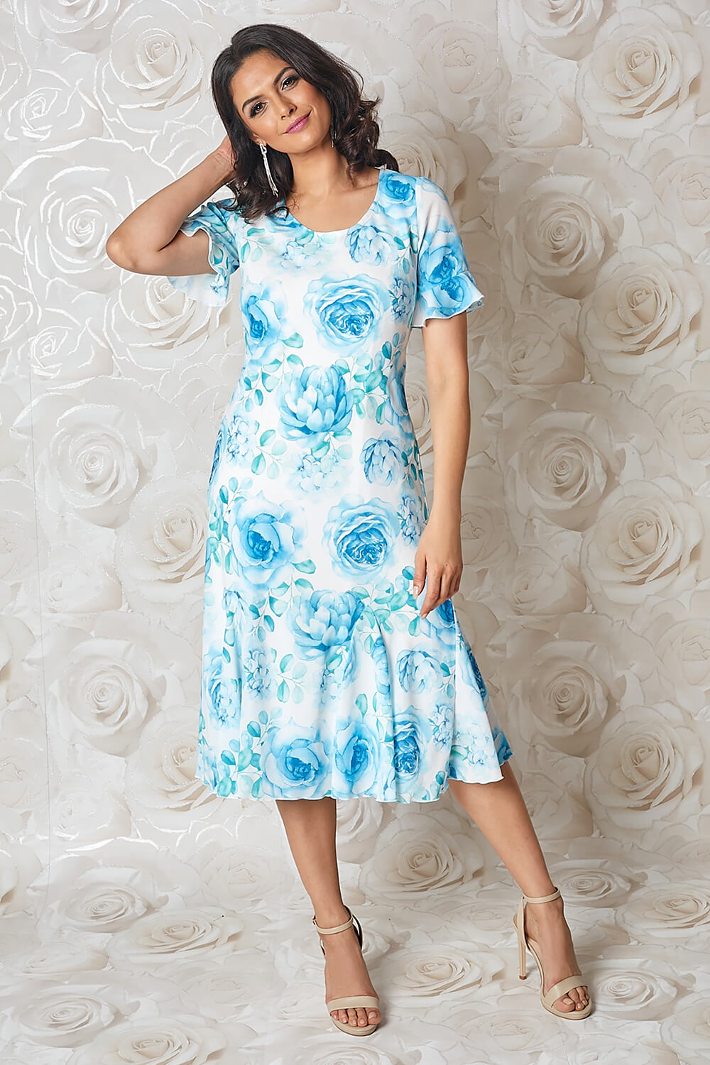 Aqua Floral Print Bias Cut Midi Dress