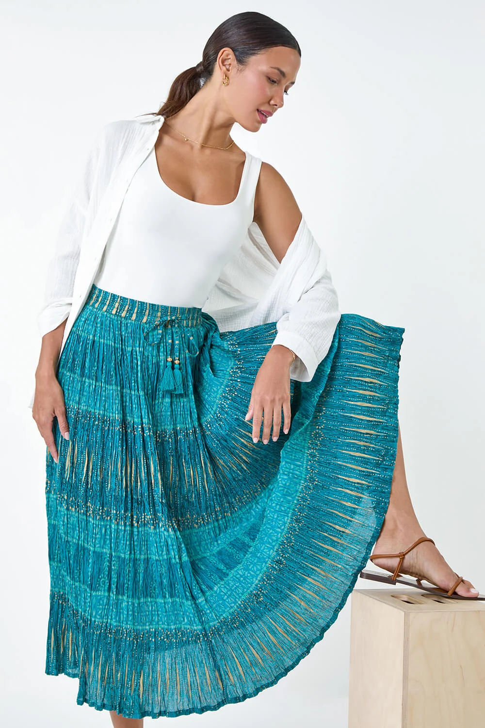 Aqua Crinkle Cotton Metallic Foil A Line Midi Skirt