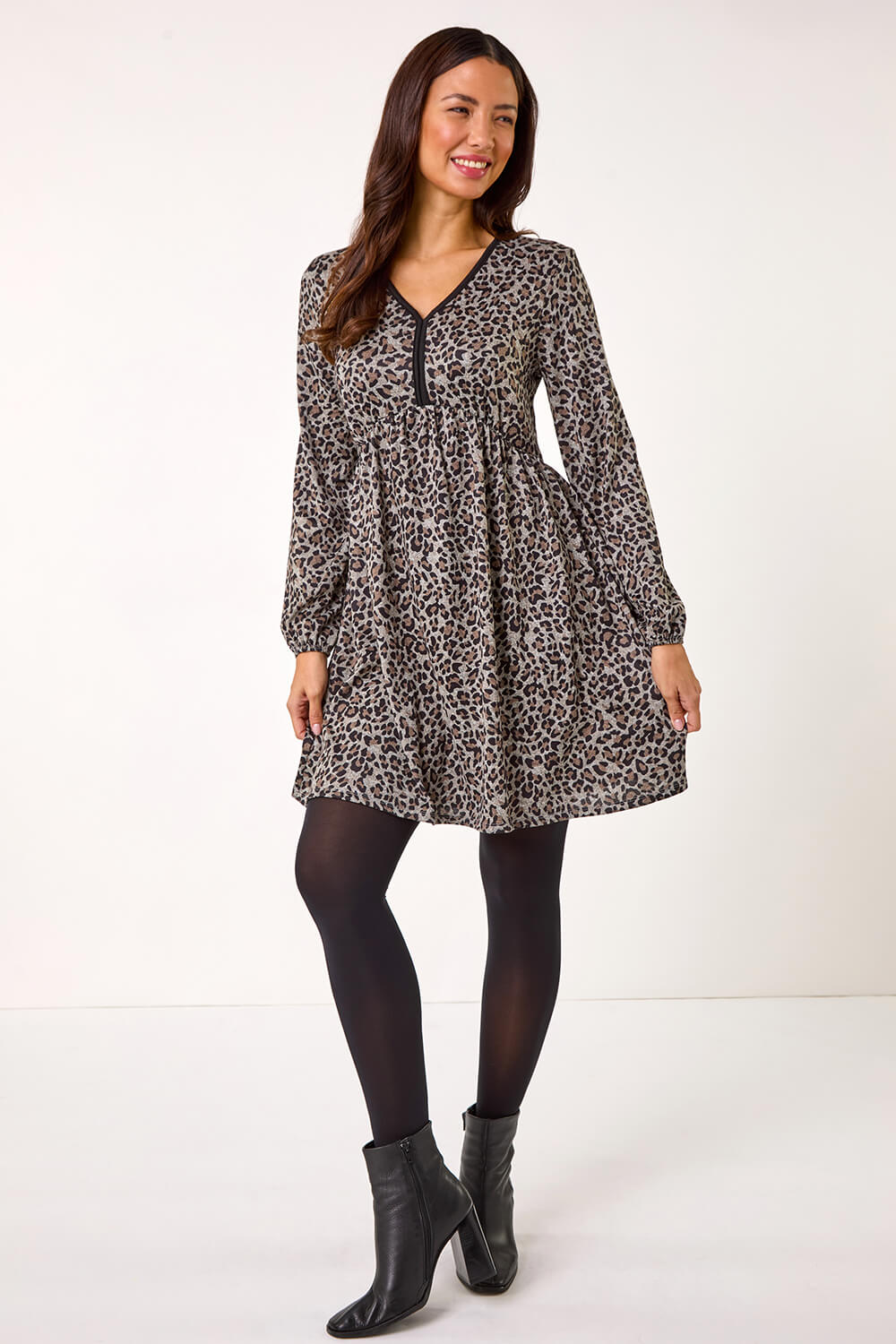 Beige Animal Print V-Neck Stretch Dress