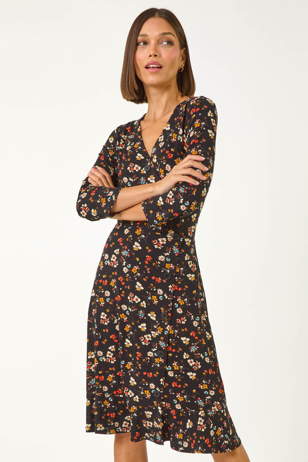 Black Ditsy Floral Frill Stretch Short Dress
