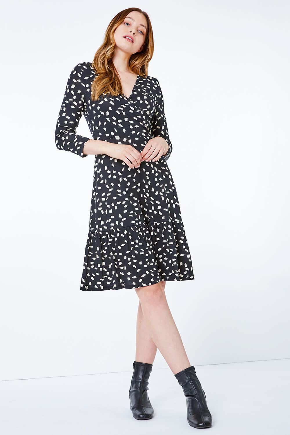Black Abstract Spot Jersey Wrap Dress