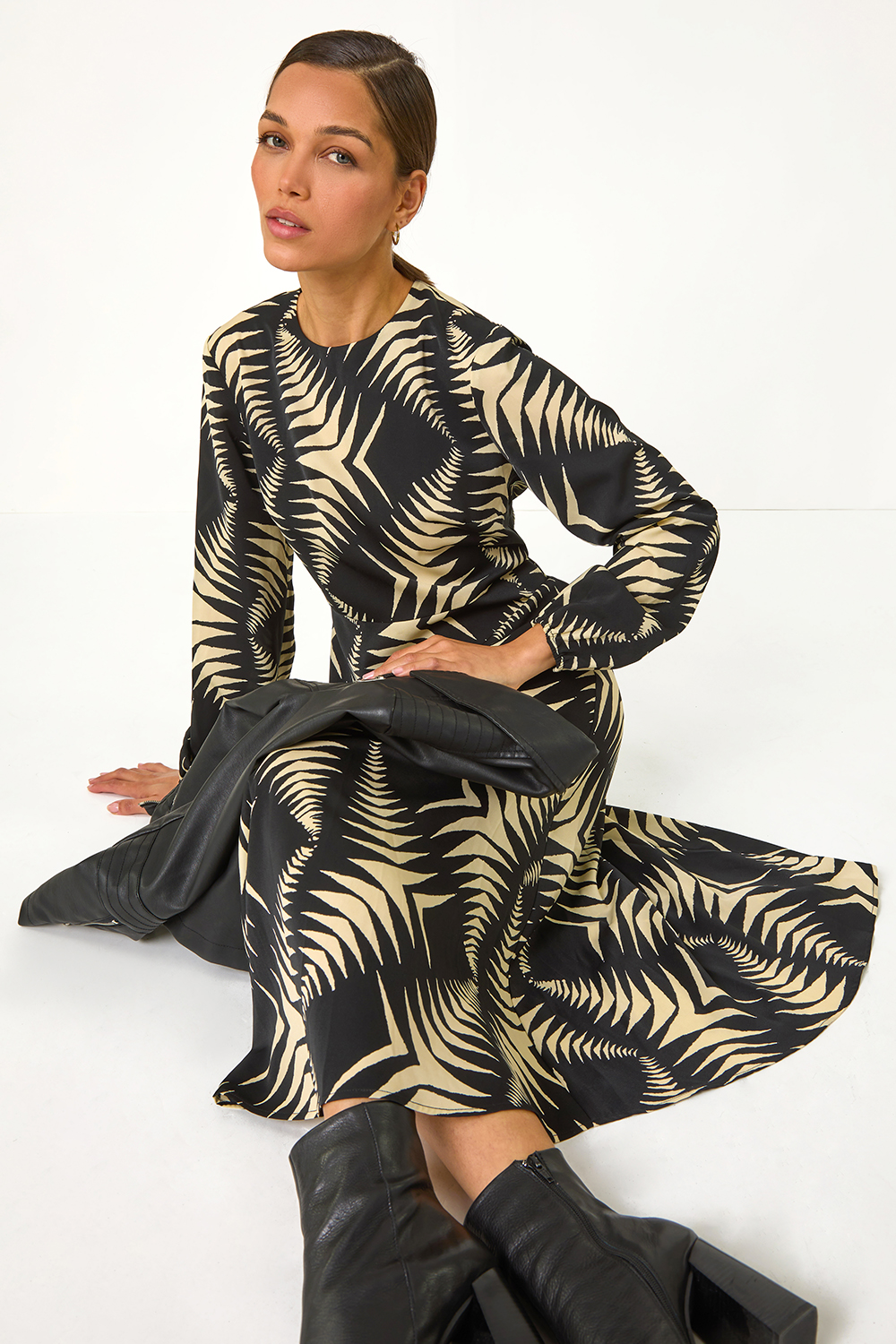 Beige Geometric Print Midi Dress