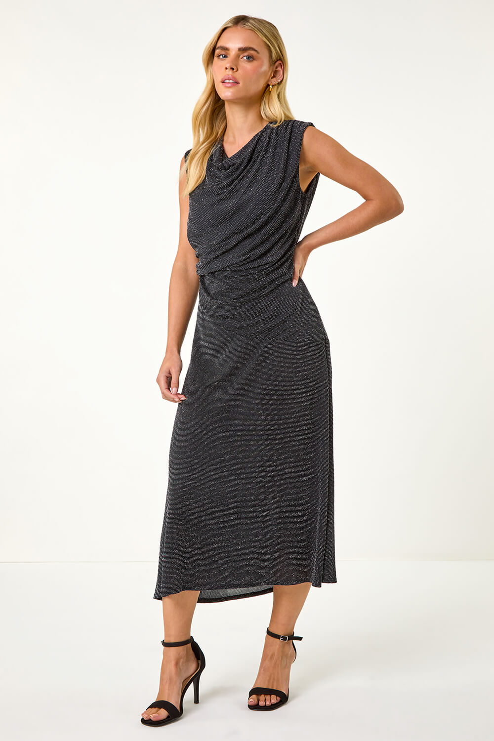 Black Petite Sparkle Stretch Drape Dress