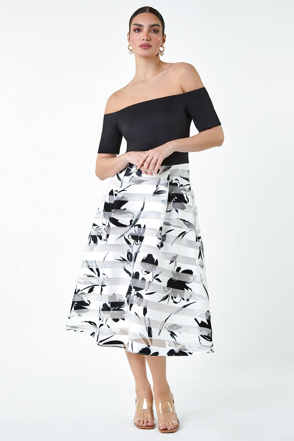 Black Floral Print Premium Stretch Bardot Dress