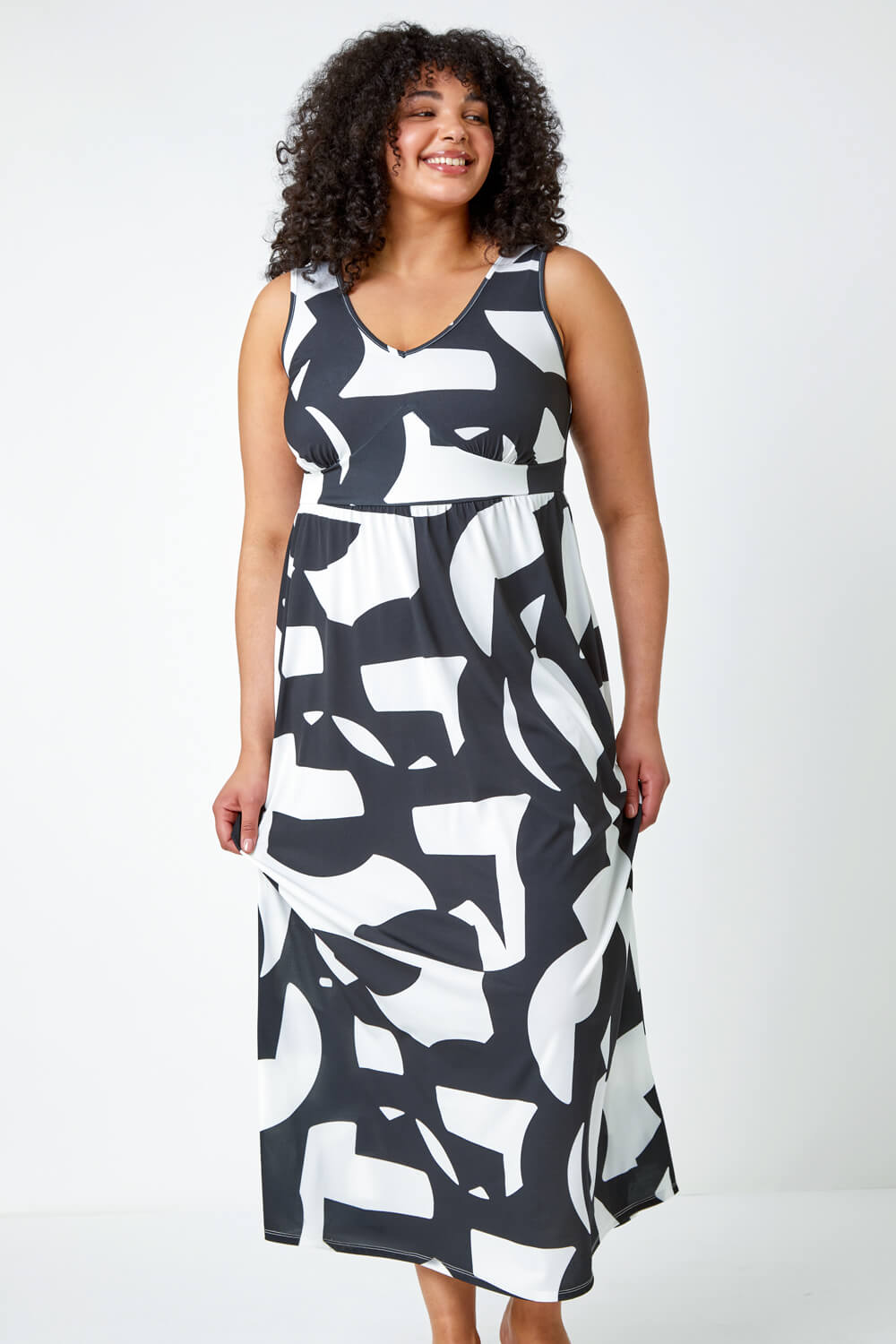Black Curve Abstract Print Maxi Stretch Dress