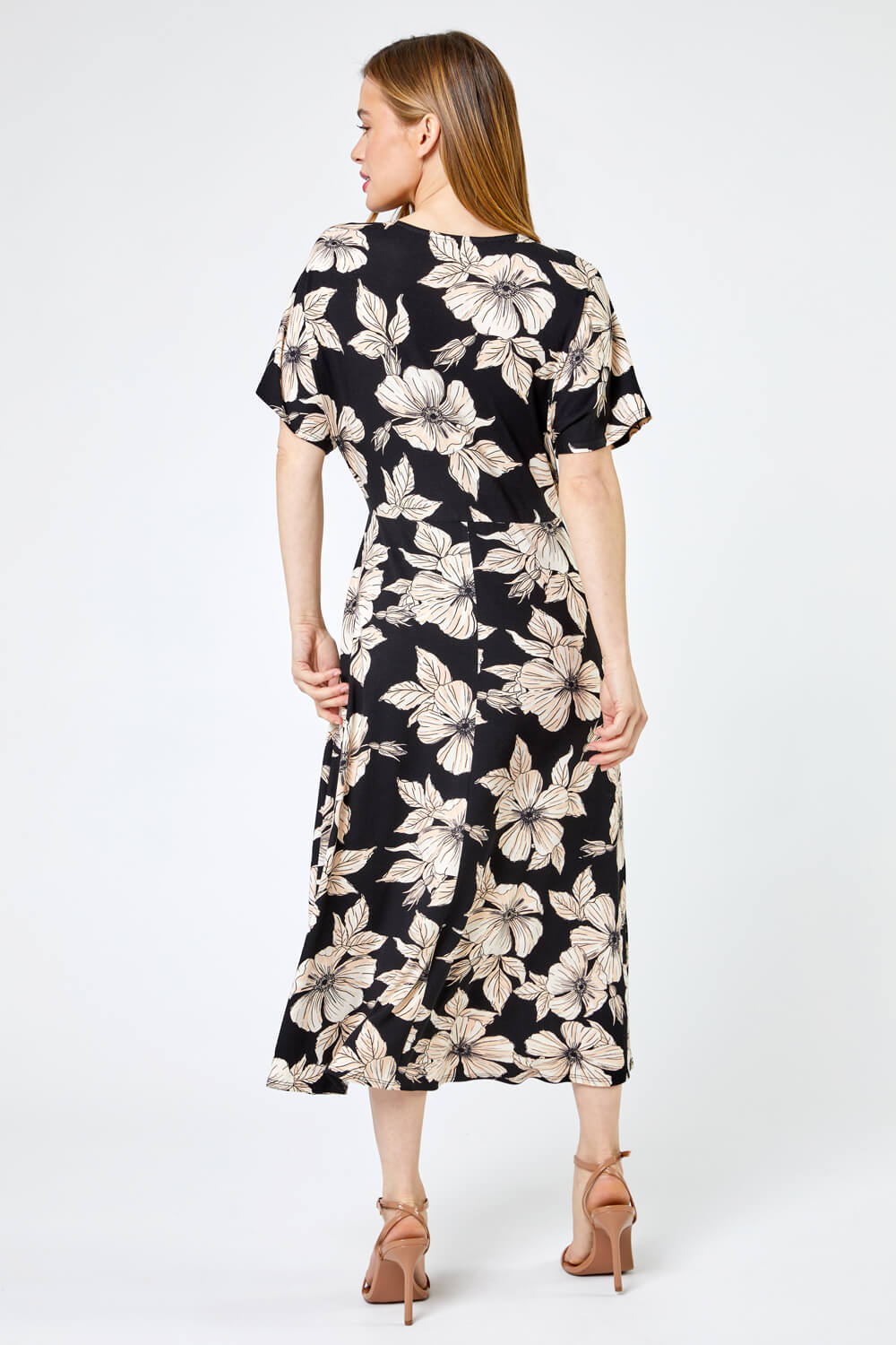 Black Petite Floral Print Ruched Midi Dress