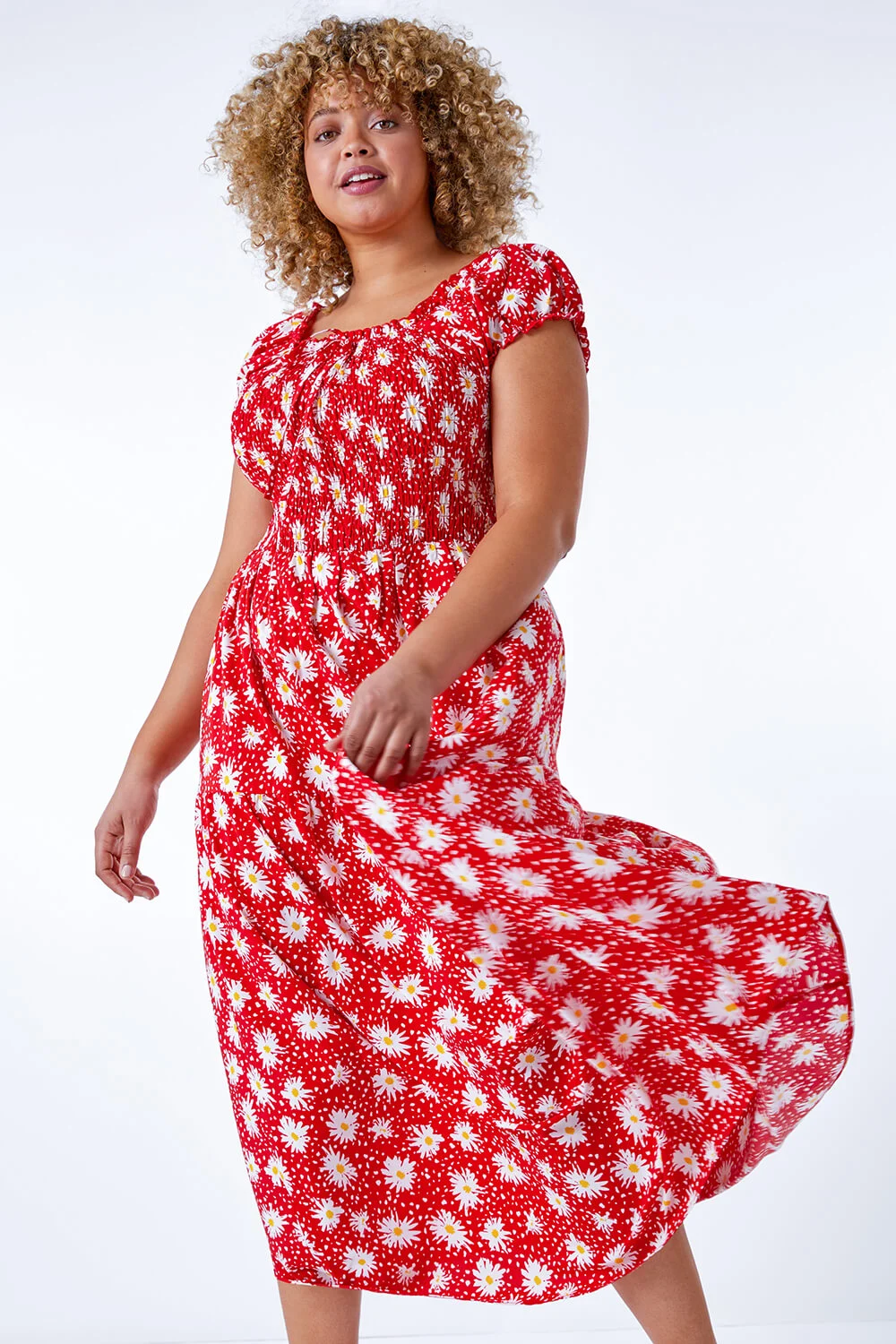 Red Curve Floral Shirred Bardot Dress