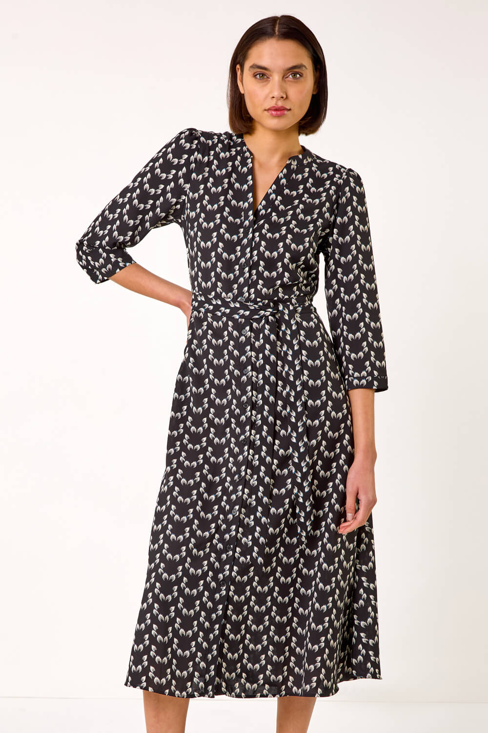 Black Leaf Print Midi Shirt Dress