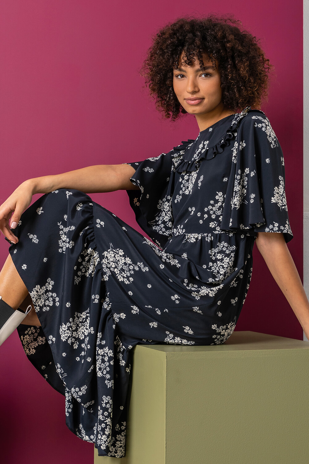 Black Floral Print Yoke Maxi Dress