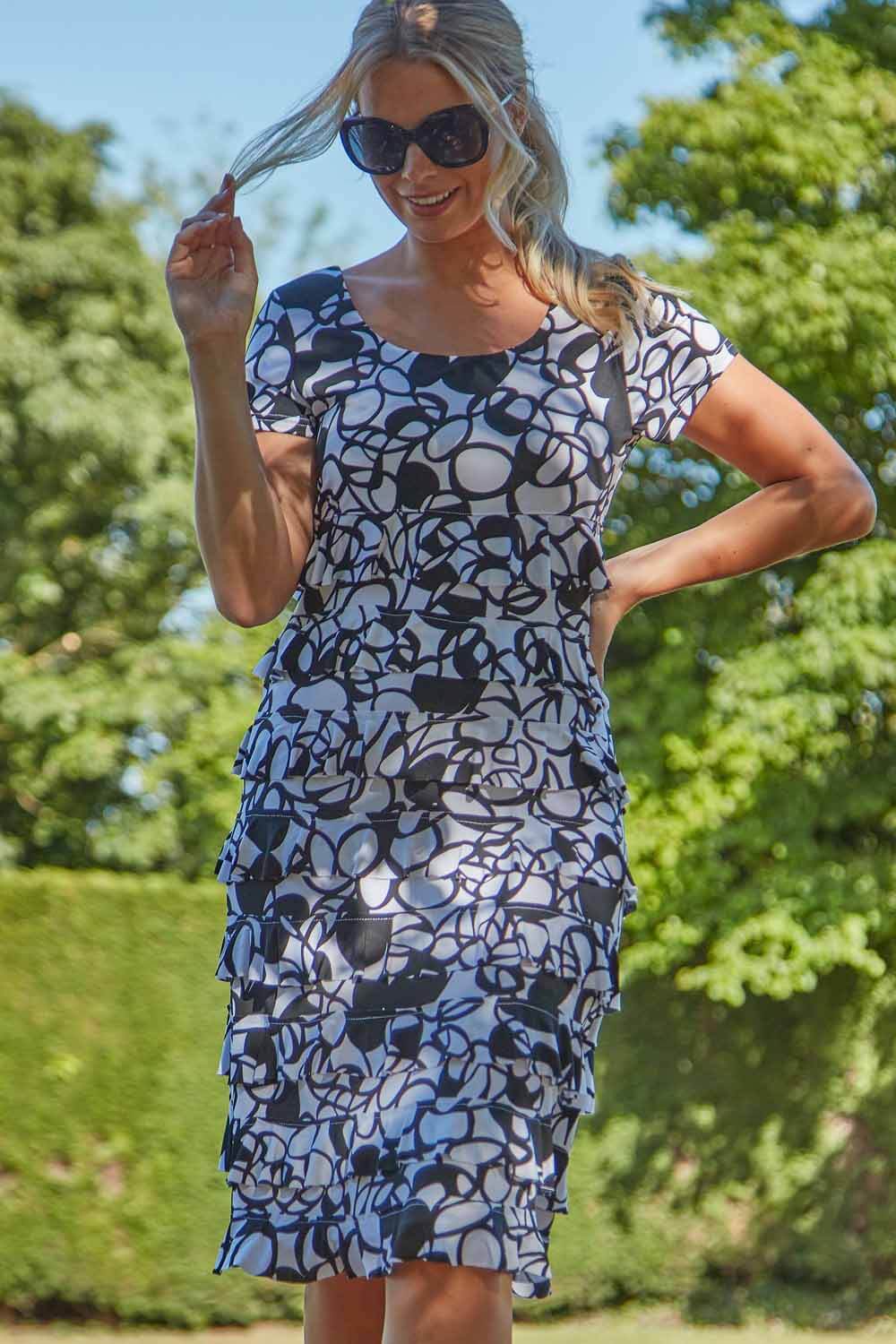 Black Monochrome Print Frill Tiered Dress