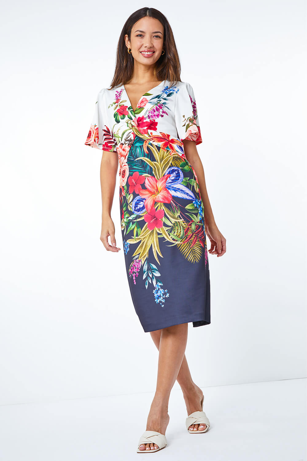 Black Floral Print Twist Premium Stretch Dress