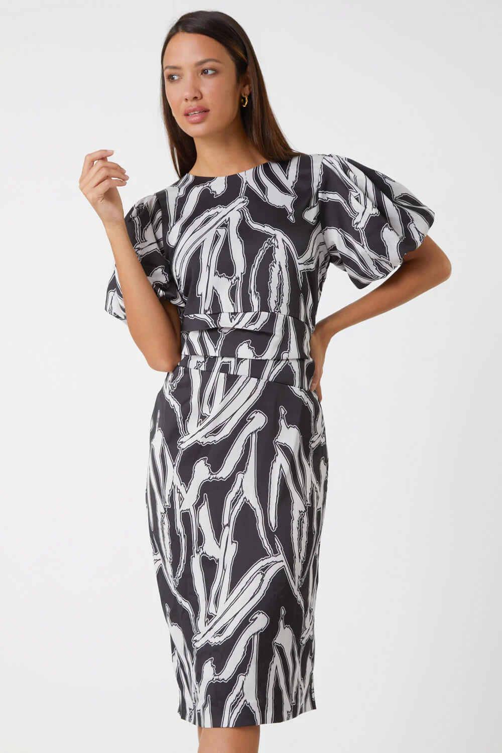 Black Abstract Print Ruched Stretch Dress
