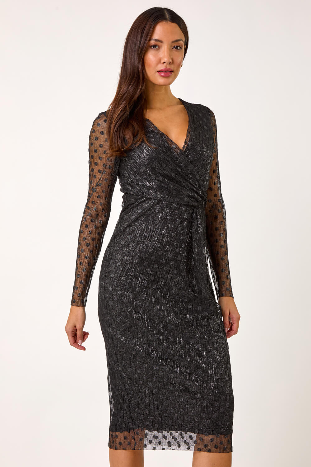 Black Dobby Plisse Wrap Dress