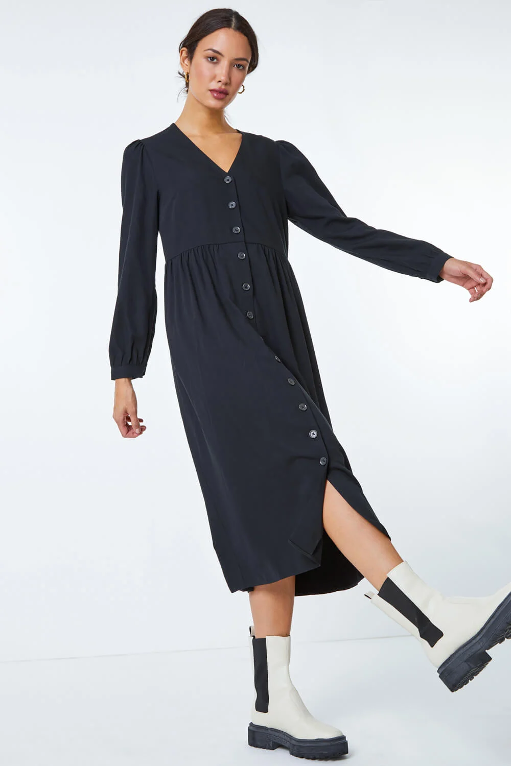 Black Button Through Midi Dress