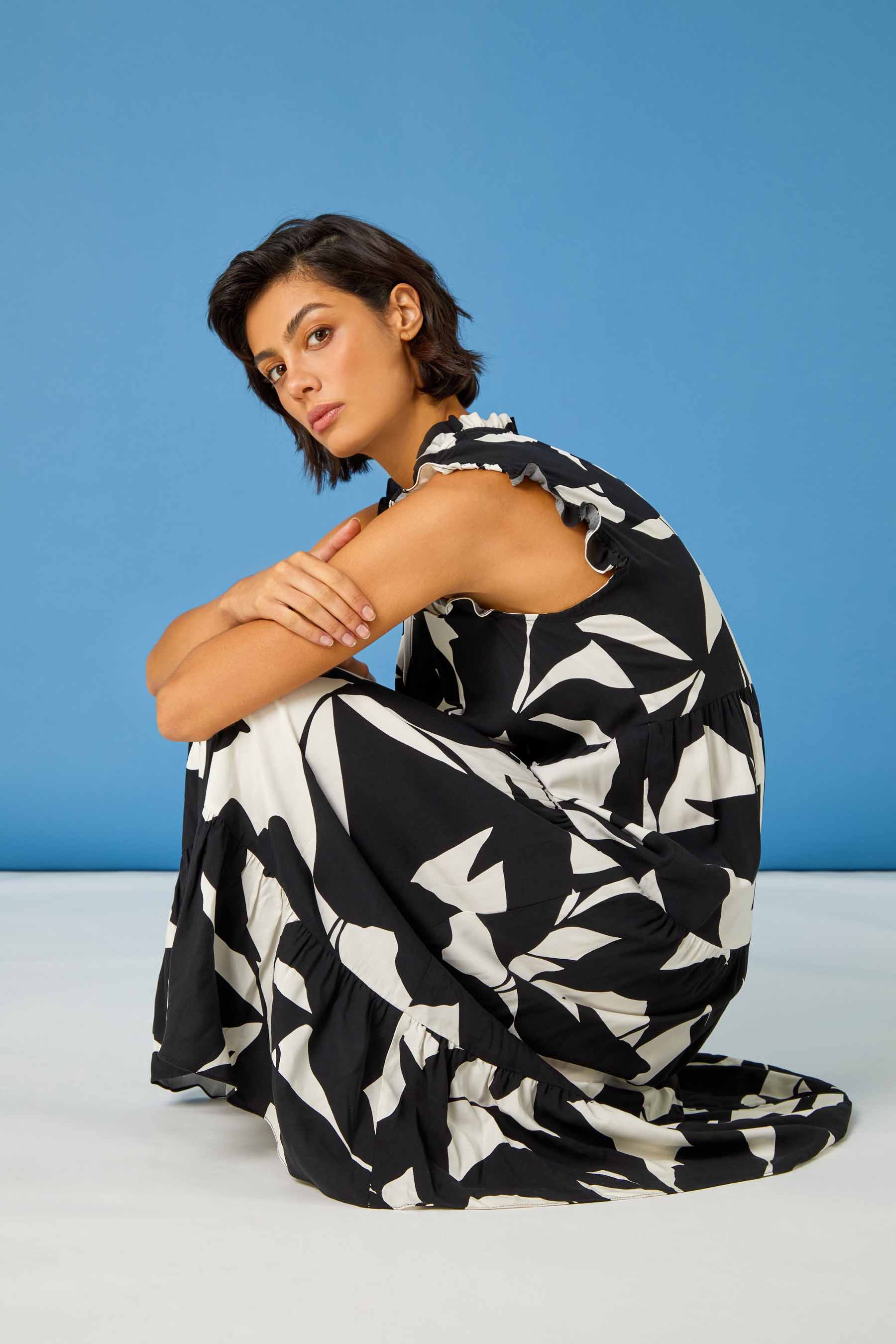 Black Abstract Print Frill Detail Midi Dress