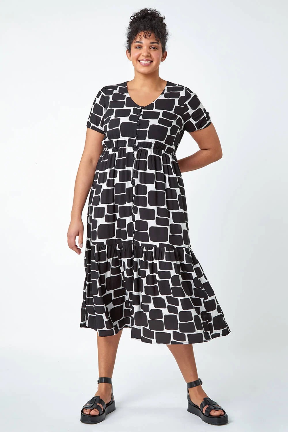 Black Curve Pebble Print Tiered Midi Dress