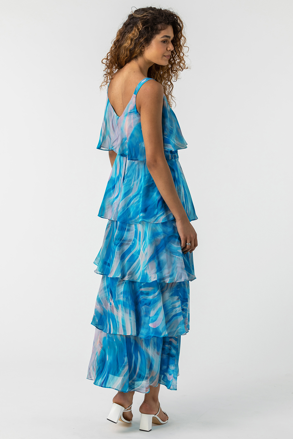 Aqua Abstract Print ChiffonTiered Maxi Dress