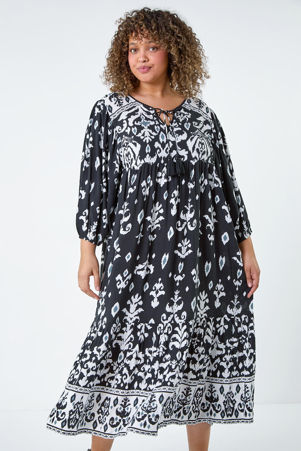 Black Curve Boho Print Tiered Midi Dress