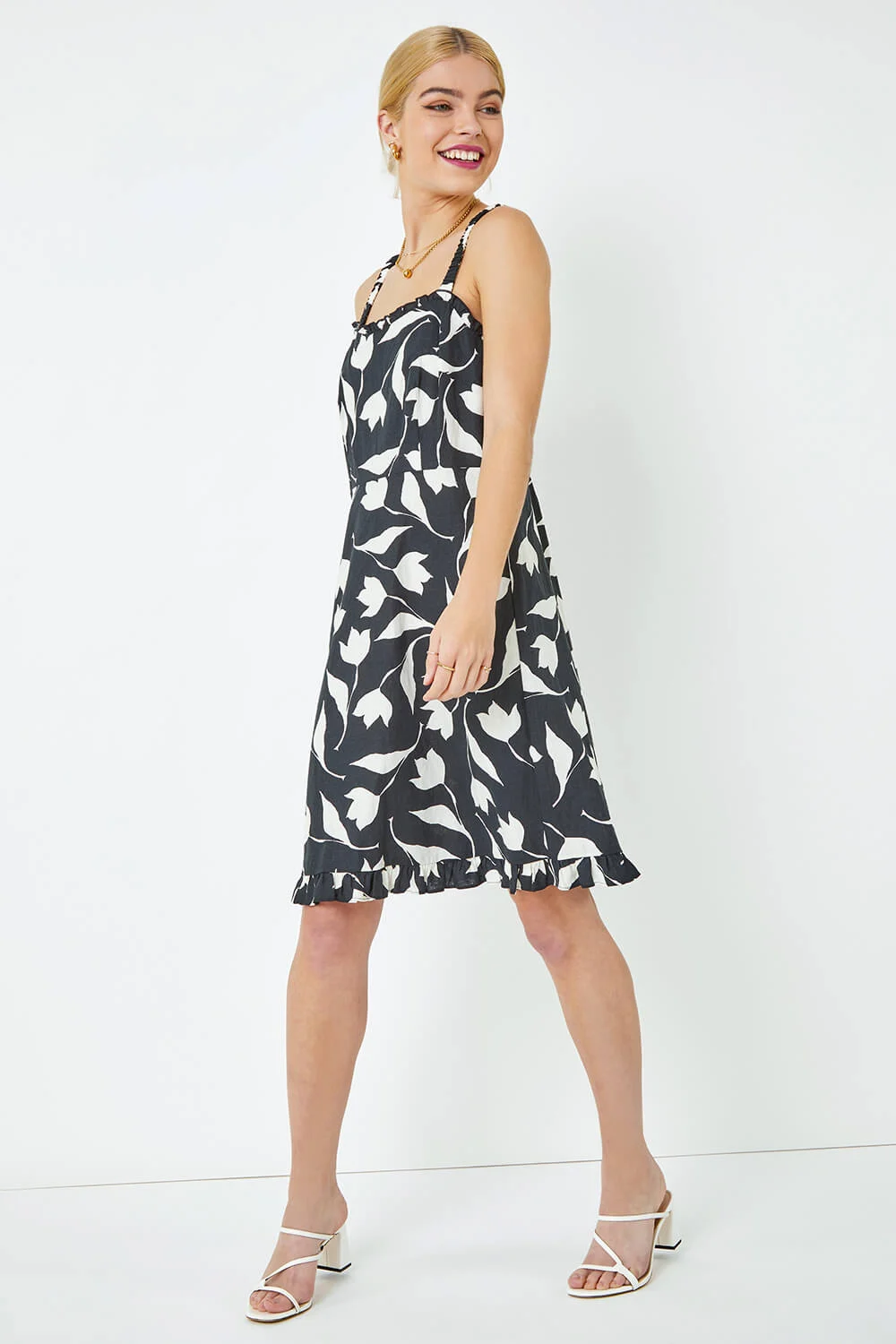 Black Dusk Sleeveless Floral Frill Hem Dress