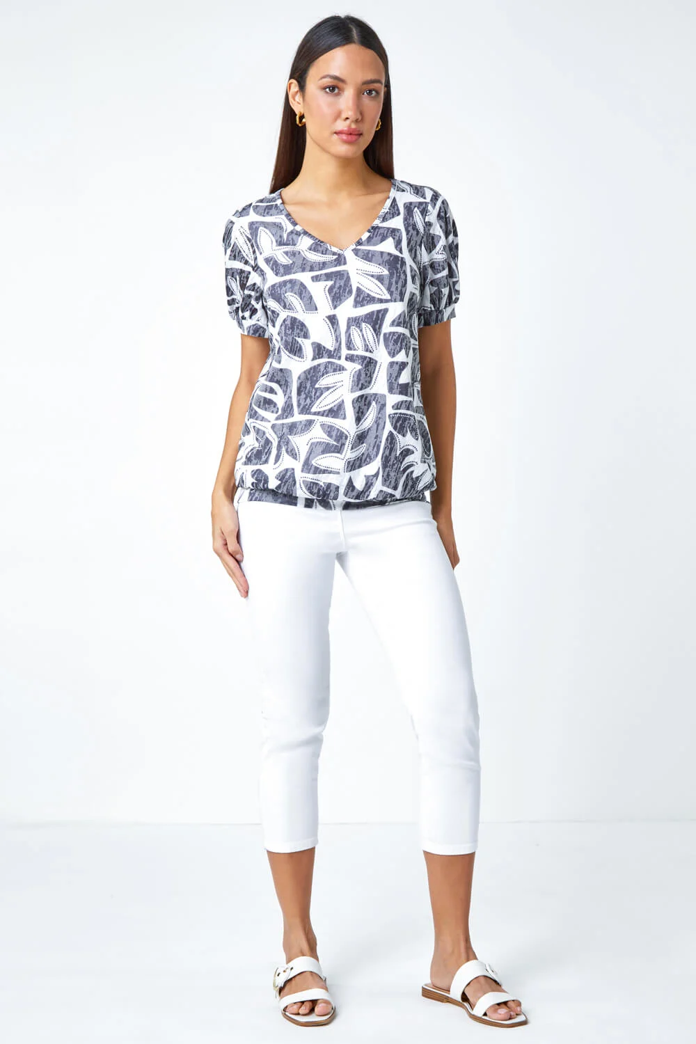 Black Abstract Burnout V-Neck Blouson Stretch Top