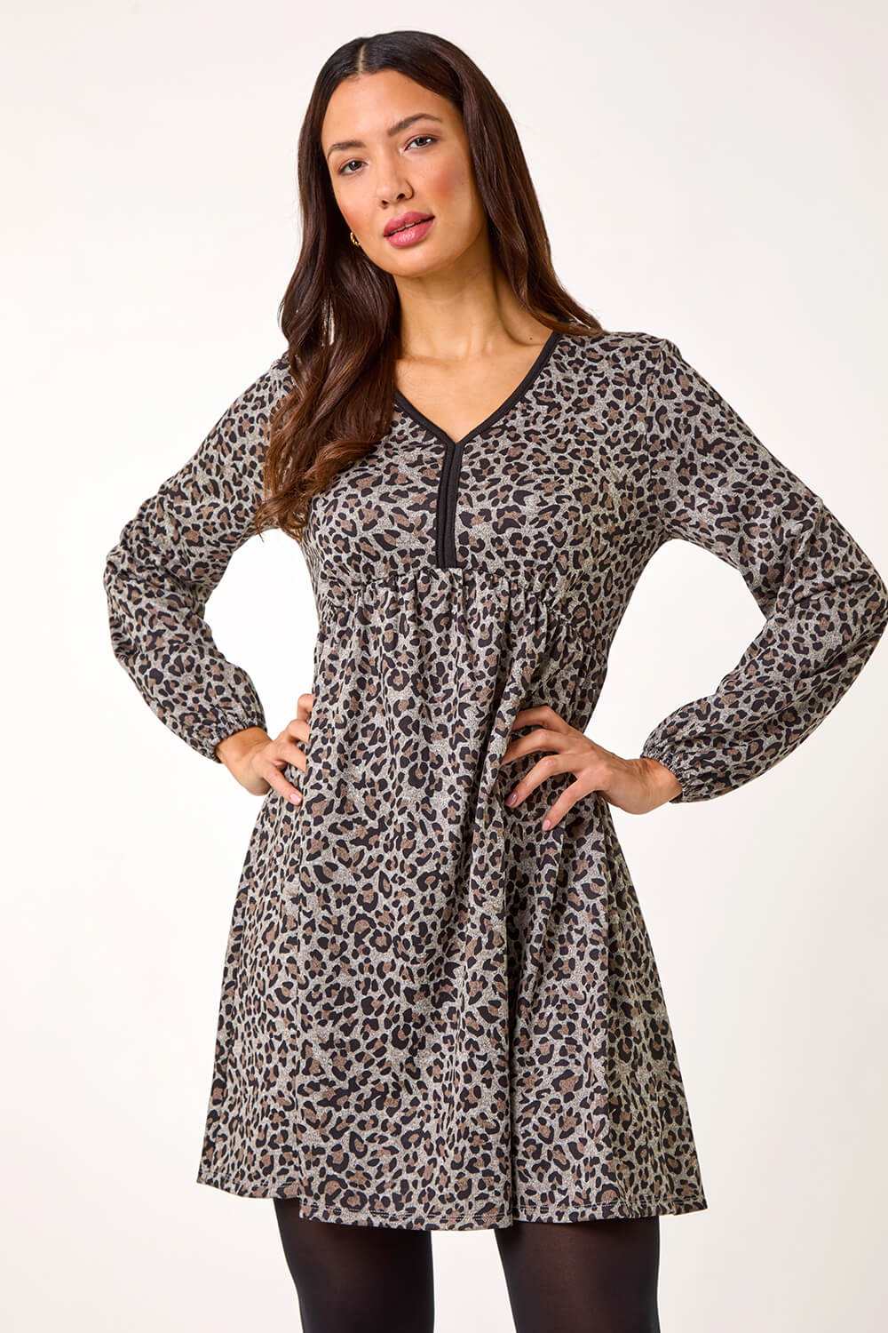 Beige Animal Print V-Neck Stretch Dress