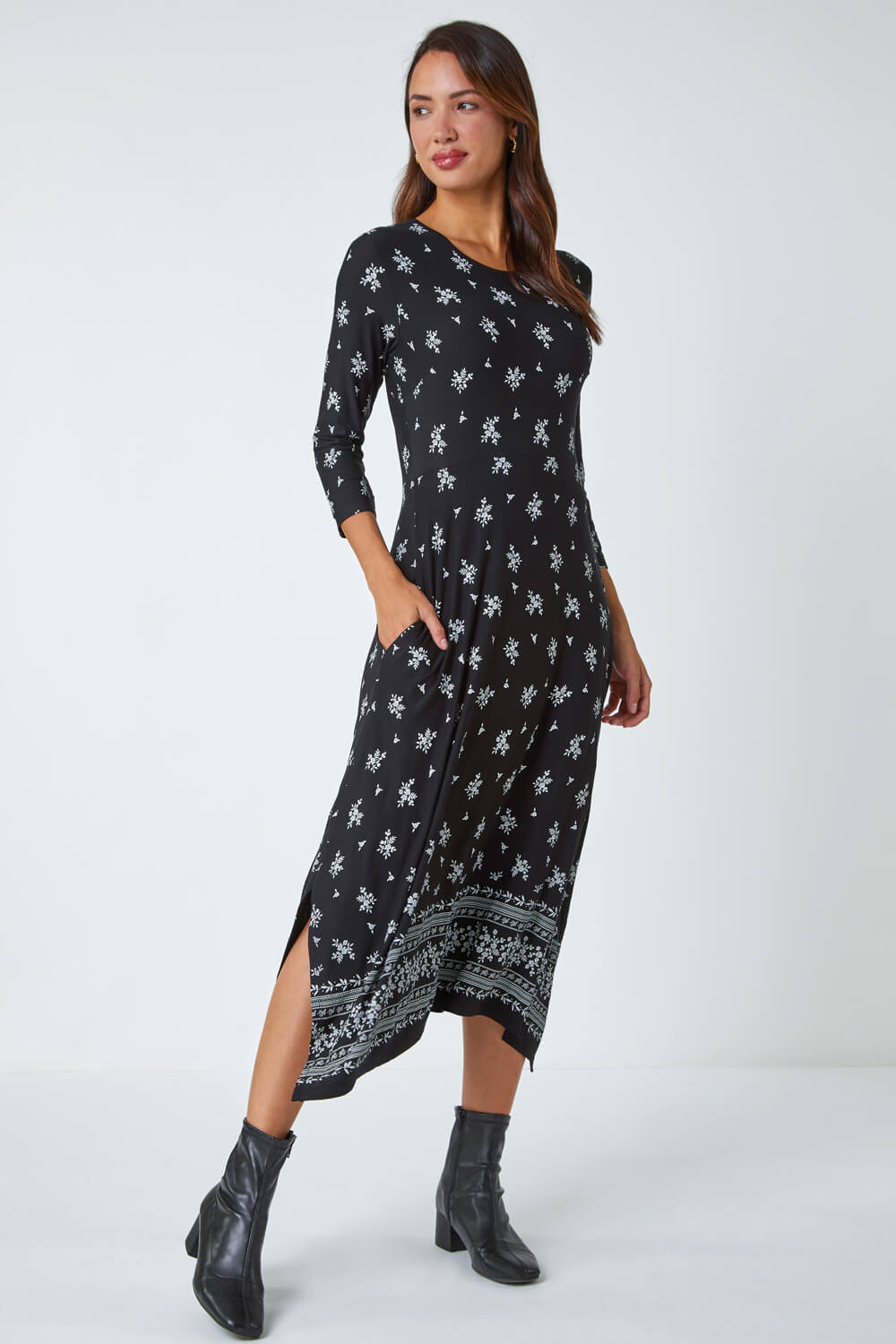 Black Ditsy Border Print Midi Stretch Dress