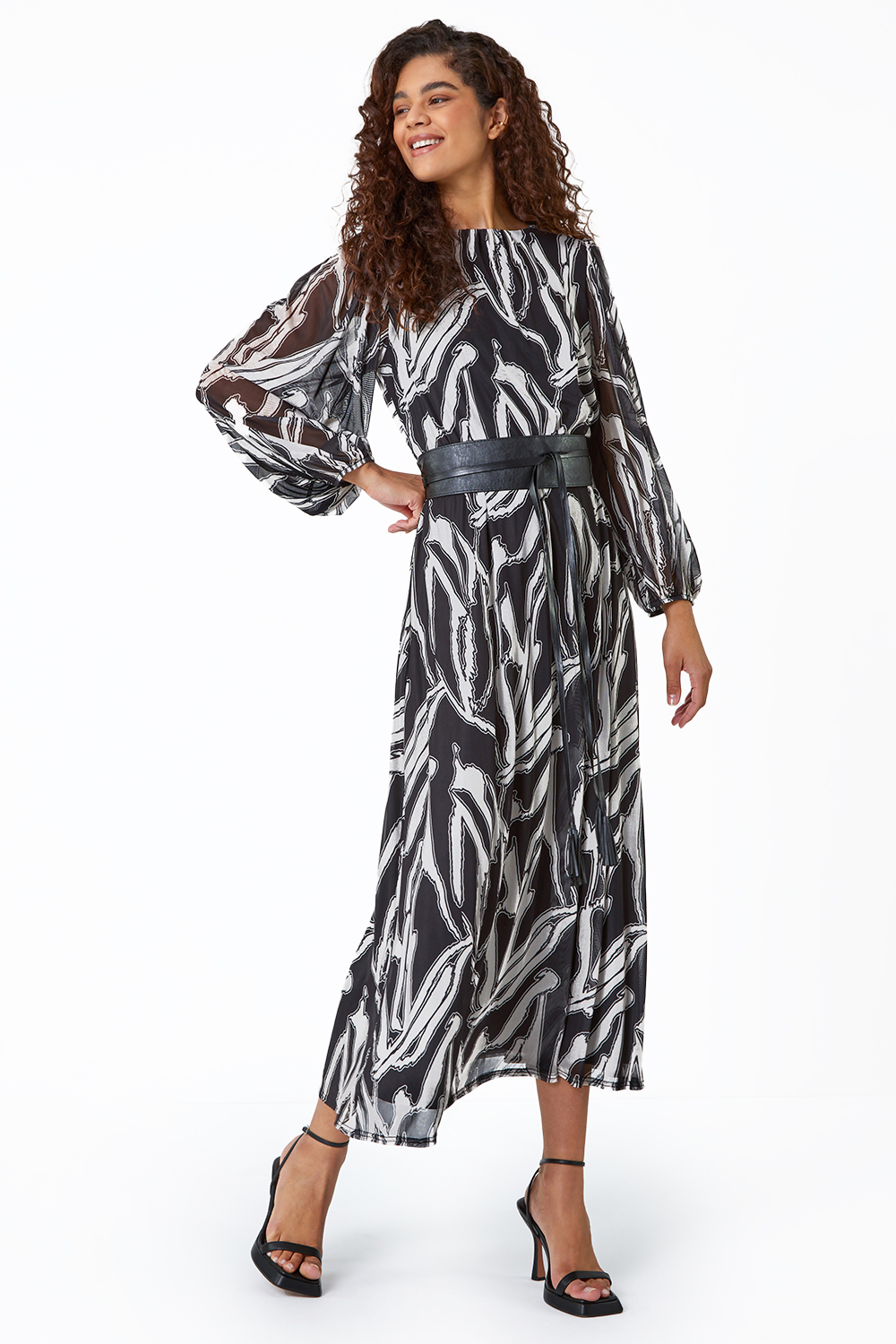 Black Abstract Print Belted Midi Stretch Dress
