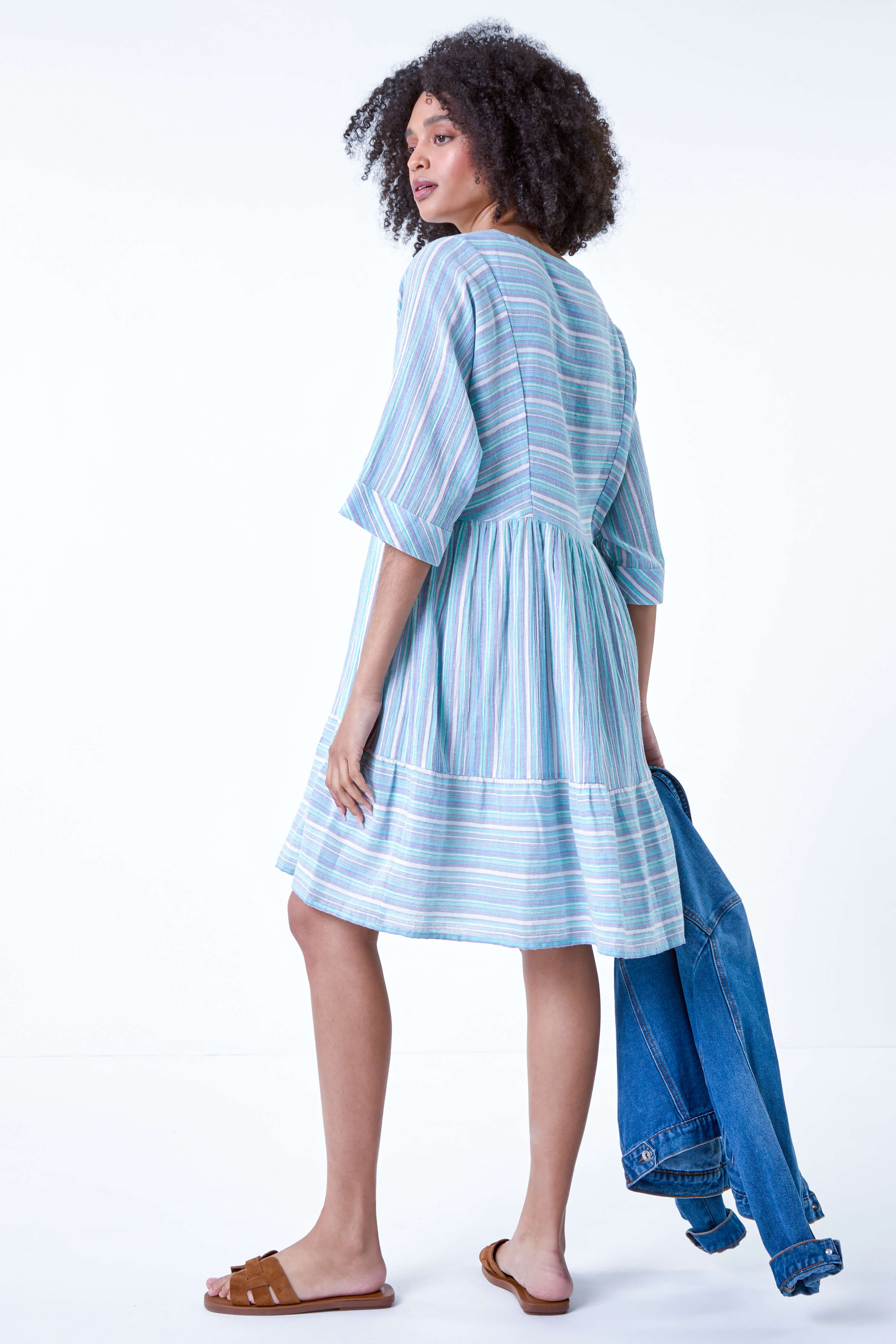 Aquamarine Cotton Stripe Print Smock Dress