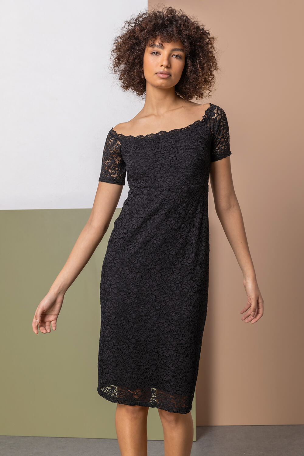 Black Lace Fitted Bardot Dress