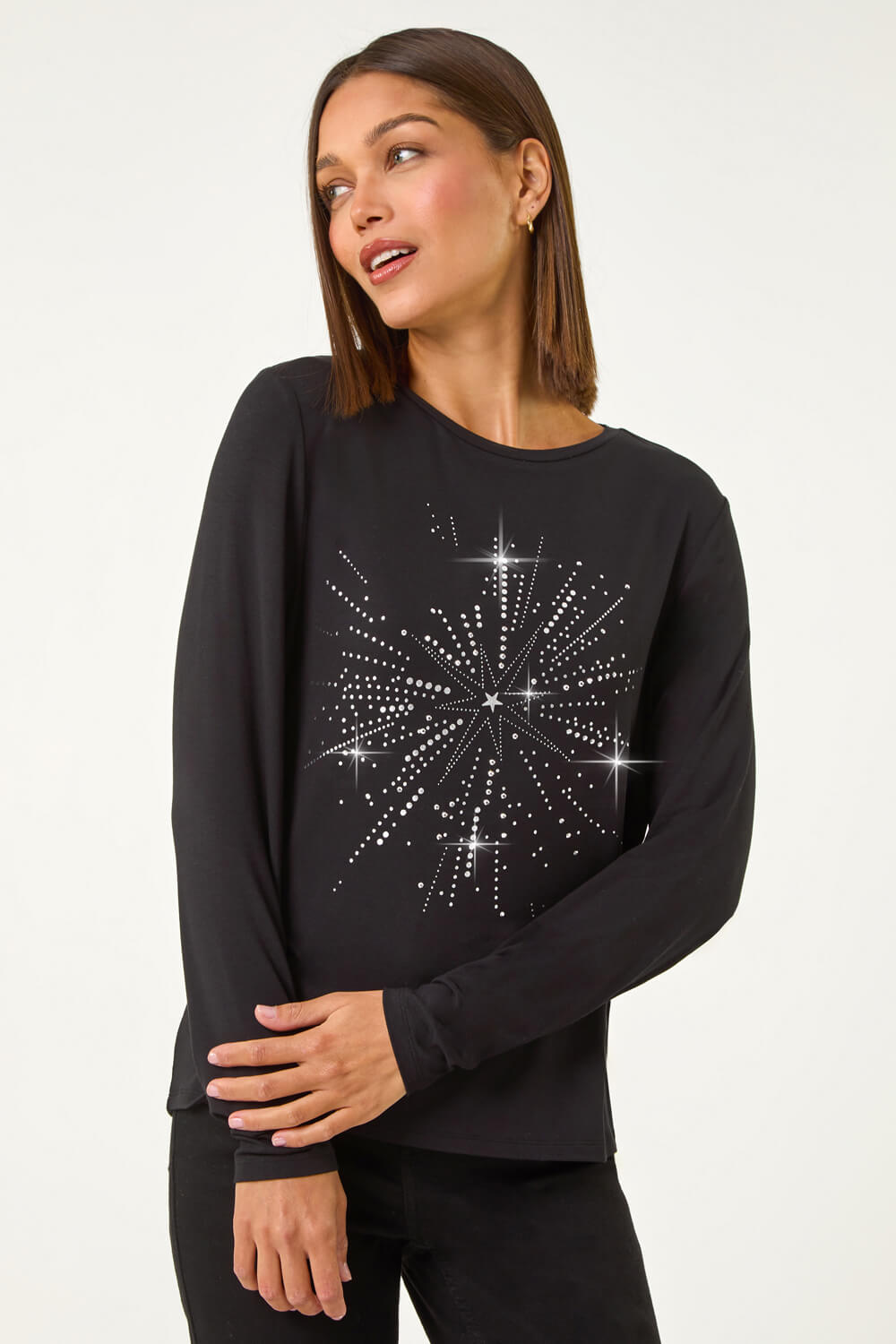 Black Foil Star Print Long Sleeve Top