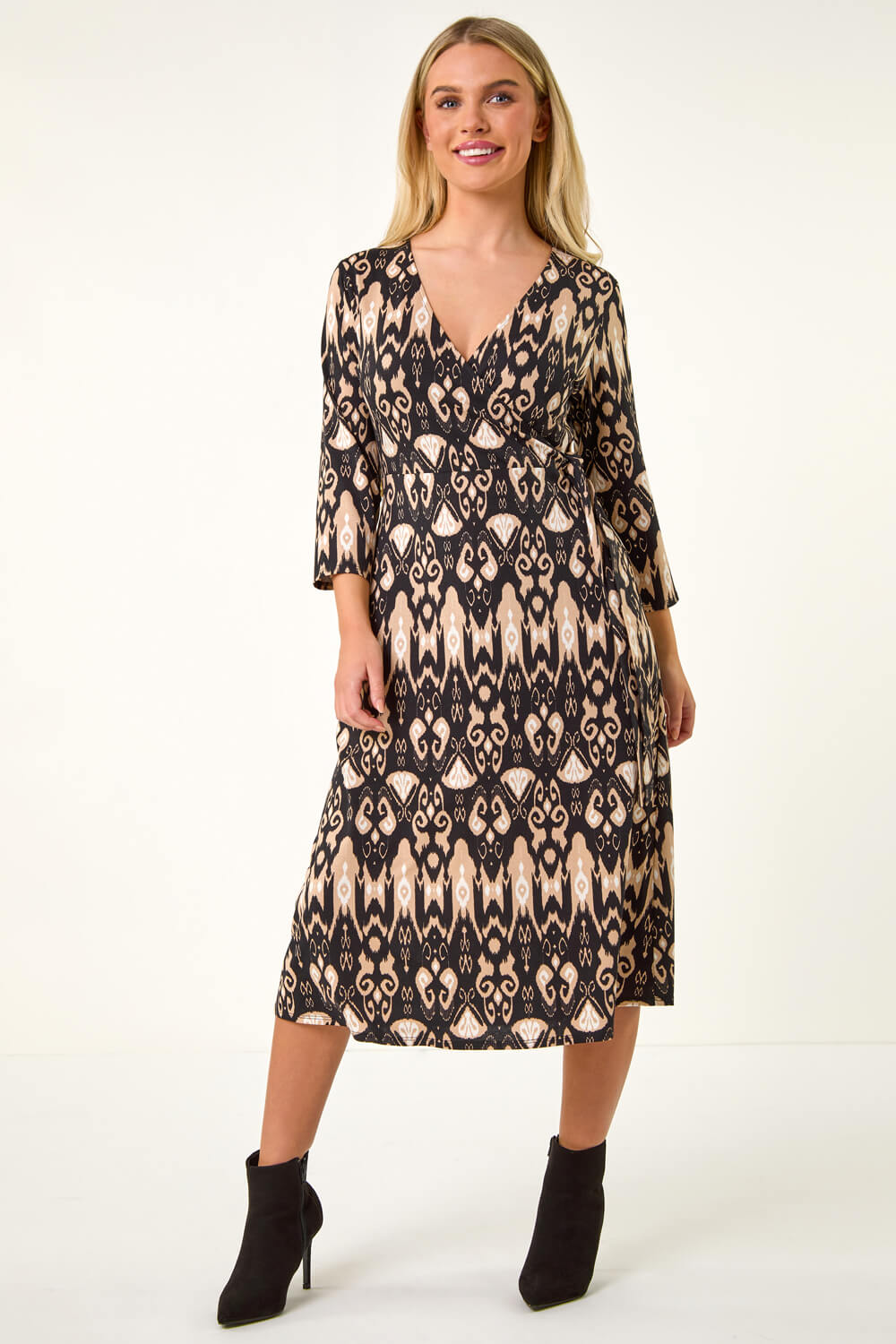 Black Petite Aztec Print Tie Stretch Midi Dress