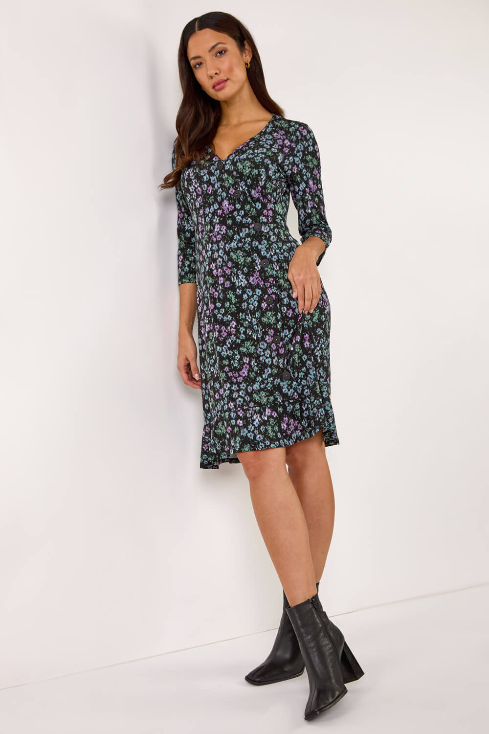 Black Floral Print Side Button Stretch Dress